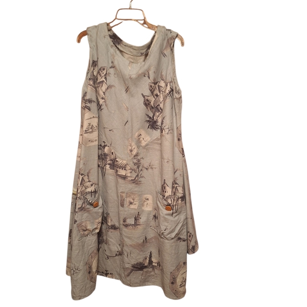 Vintage Whimsical Oversized Woven Sleeveless Dress Pockets Boho Graphics XL